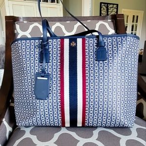 Tory Burch Canvas Leather Tote Bag Purse Navy Cream Print 11×20x5